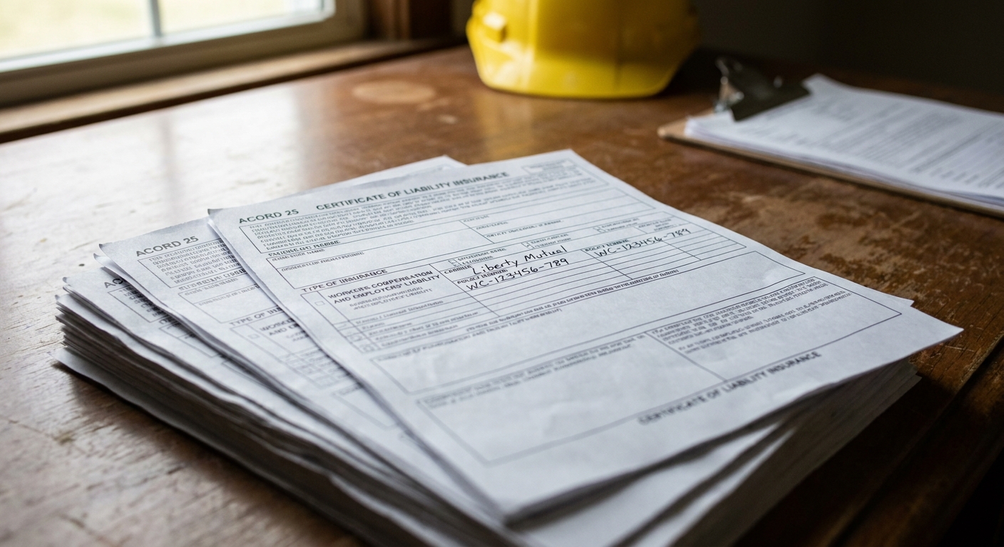 Stack of subcontractor certificates of insurance ACORD 25 documents on a Connecticut contractor's desk during a workers' comp audit prep review