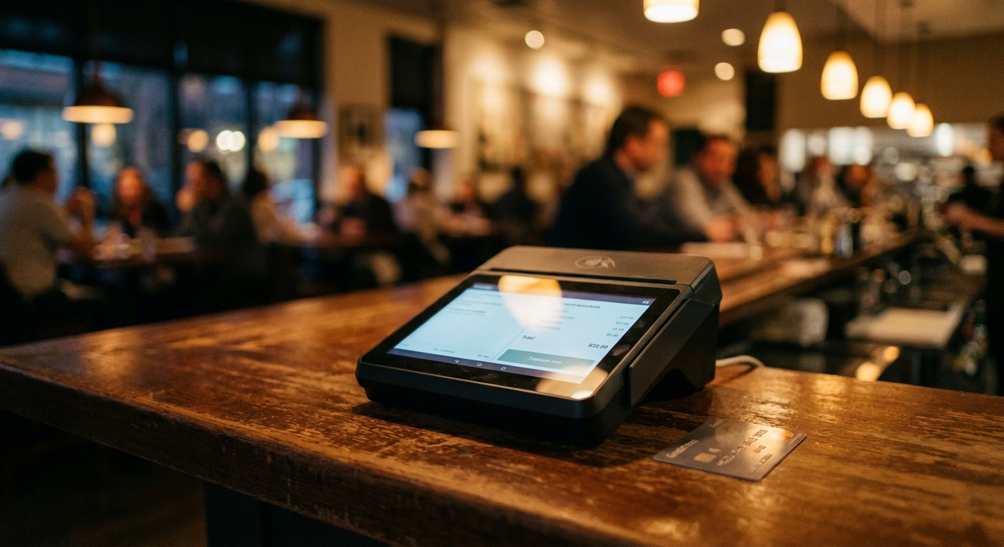 Hotel point-of-sale terminal on bar counter with credit card and blurred restaurant background