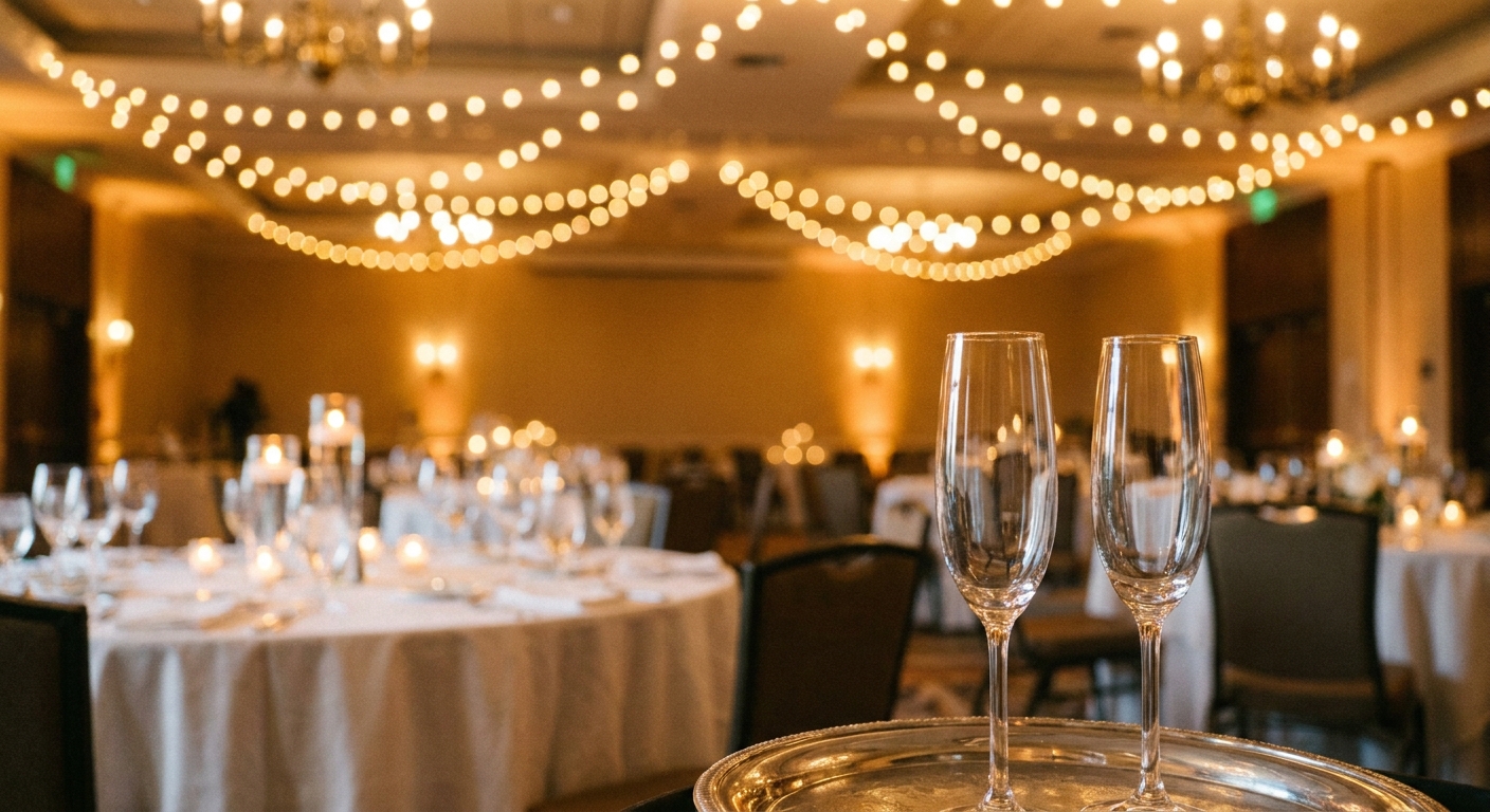 Elegant hotel ballroom set for a wedding reception showing the banquet and event exposures that require host liquor liability coverage