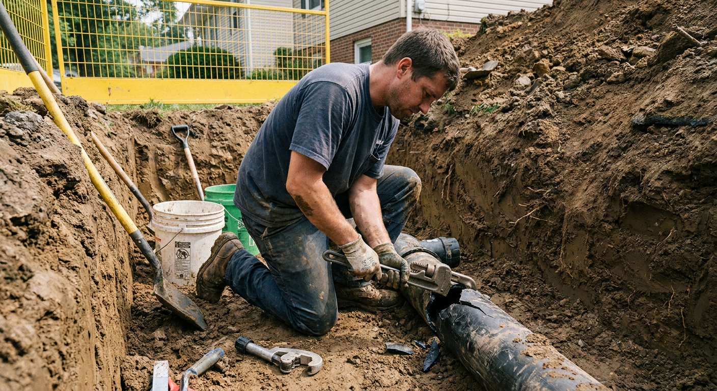 Plumber repairing a residential main sewer line in an excavated trench