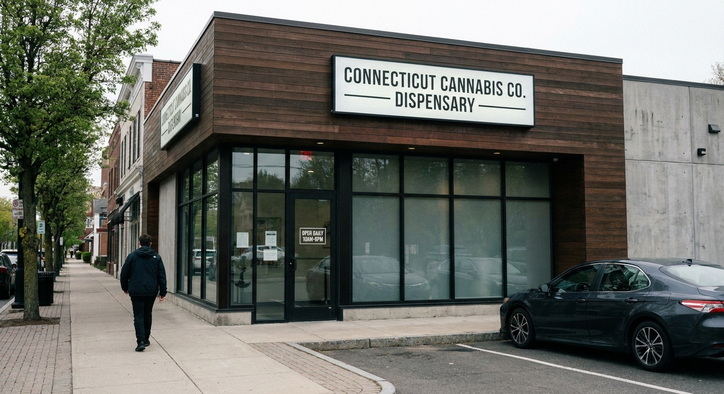A modern cannabis dispensary storefront exterior on a clean commercial street in Connecticut during daytime