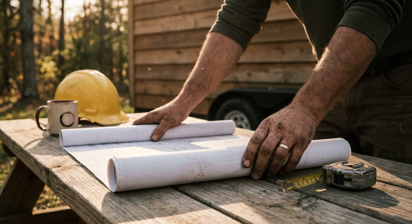 Contractor's hands reviewing architectural blueprints with a hard hat and tape measure on a wooden table
