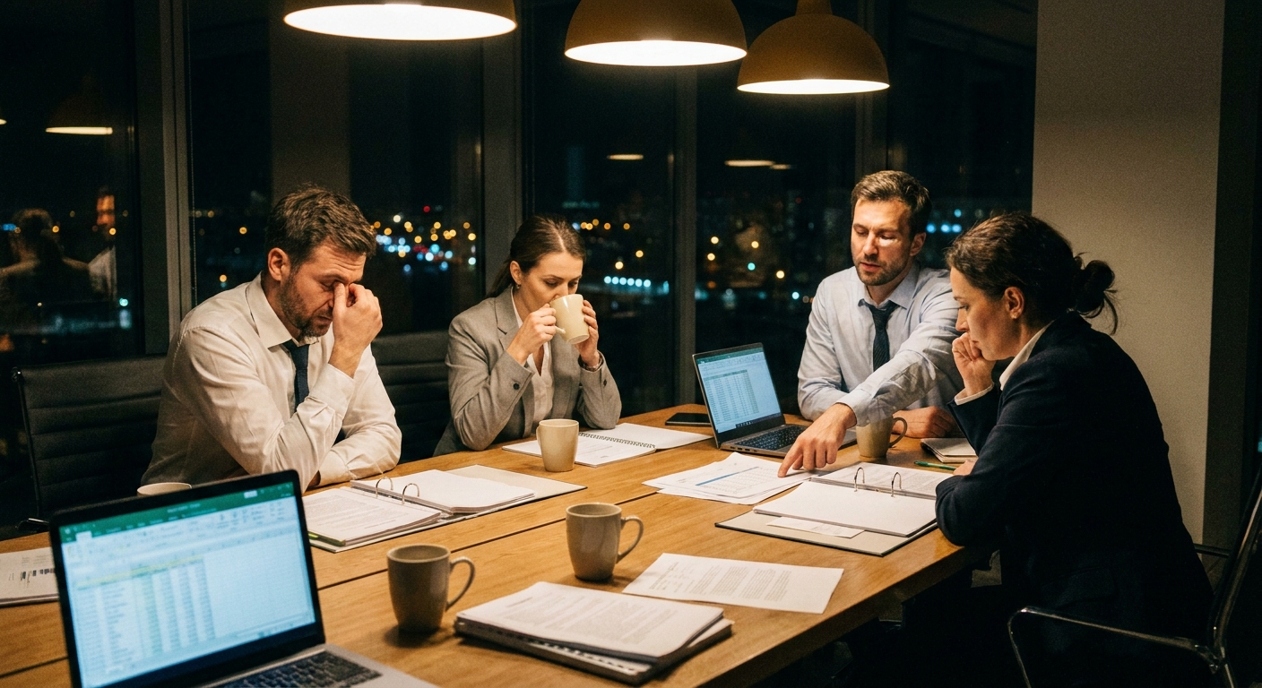 M&A deal team of four reviewing diligence binders late at night around a conference table