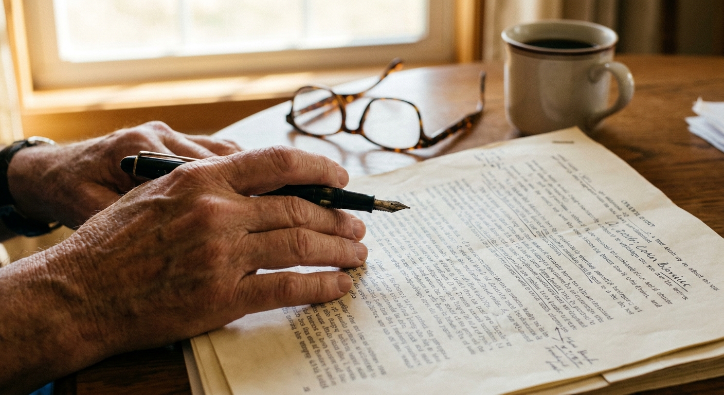 Close-up of hands reviewing a legal contract with a fountain pen