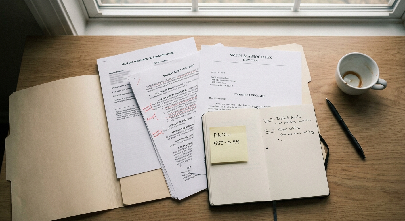 A SaaS founder's claim documentation folder showing E&O declarations, a redlined MSA, a Statement of Claim, and an FNOL Post-it on a desk
