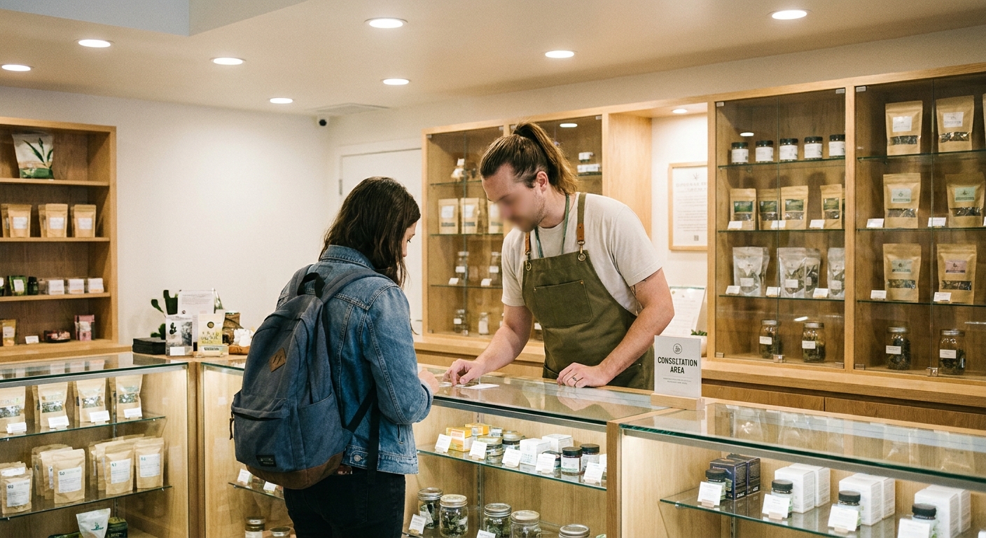 A dispensary retail worker helping a customer behind a glass counter in a clean modern retail interior — representing the cannabis retail workforce