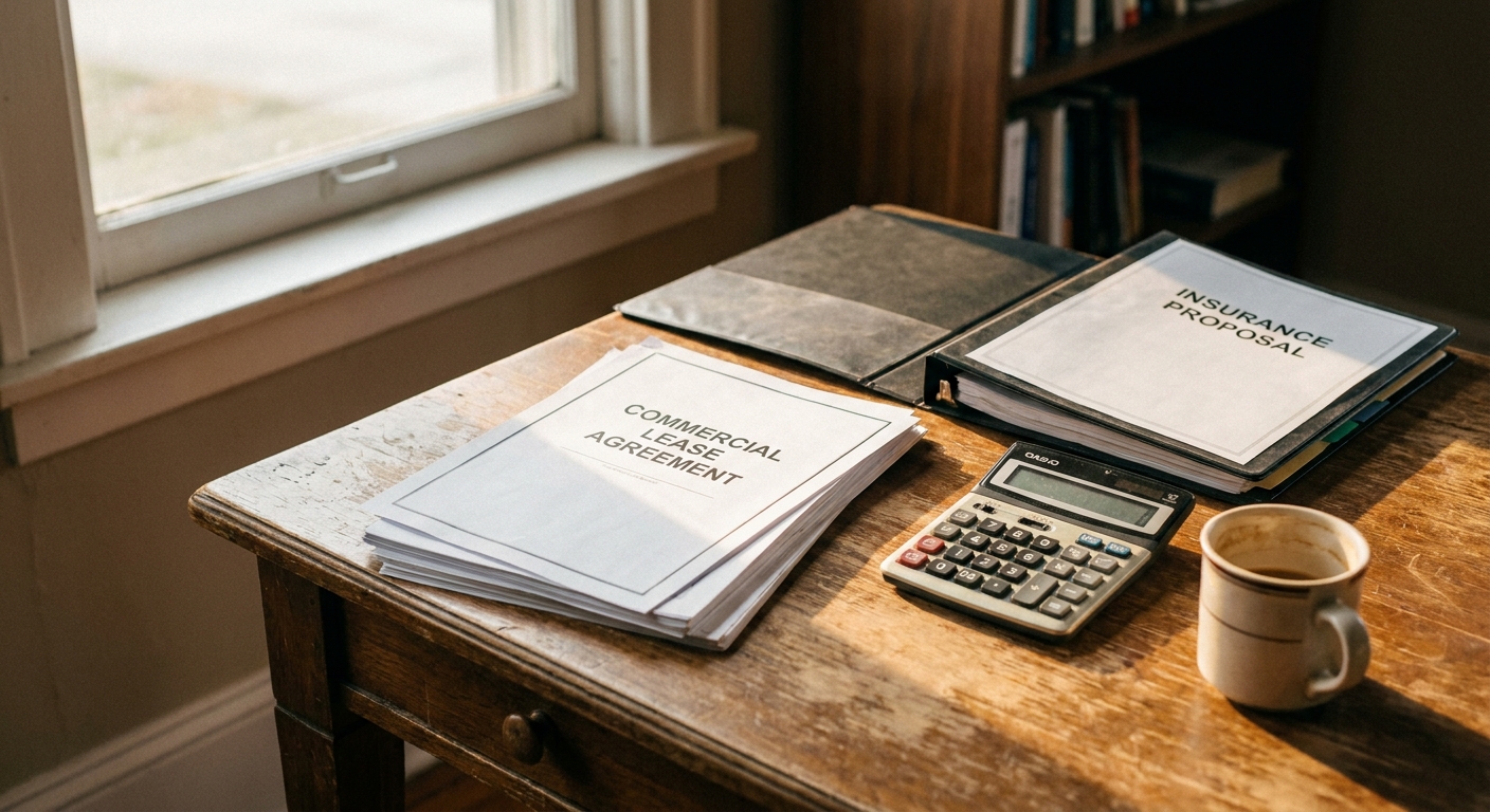 A wooden desk with a commercial lease, calculator, insurance proposal binder, and coffee mug — landlord underwriting workflow