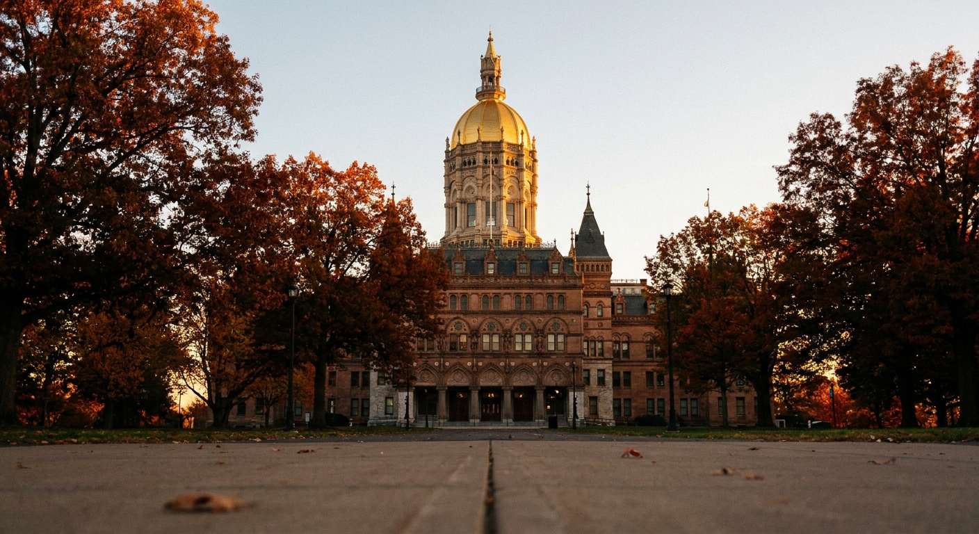 Connecticut State Capitol building in Hartford at golden hour with warm sunset light on the gold dome, autumn trees framing the brownstone facade