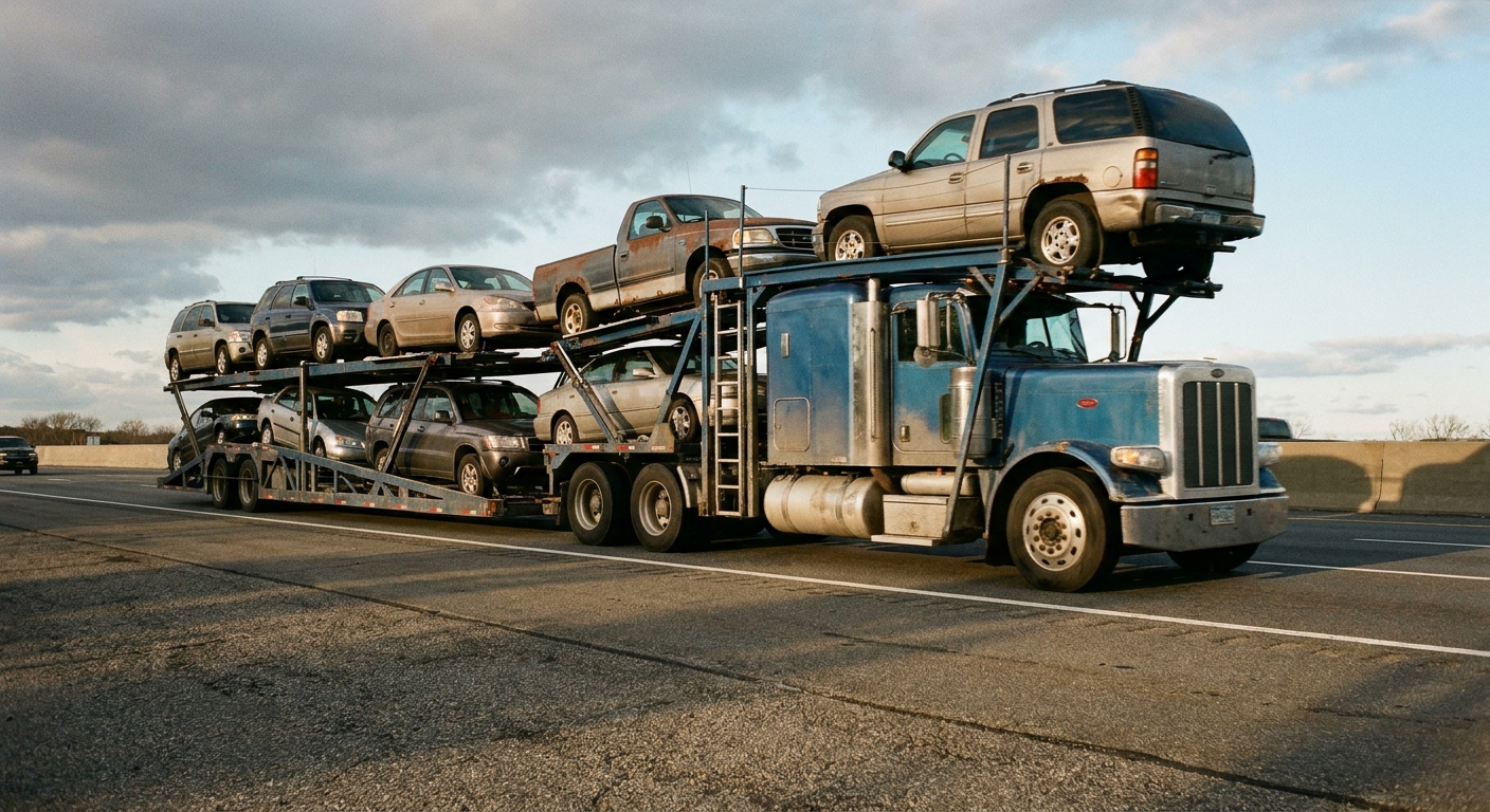 Nine-car auto transporter trailer loaded with mixed used vehicles on an interstate highway in the Northeast