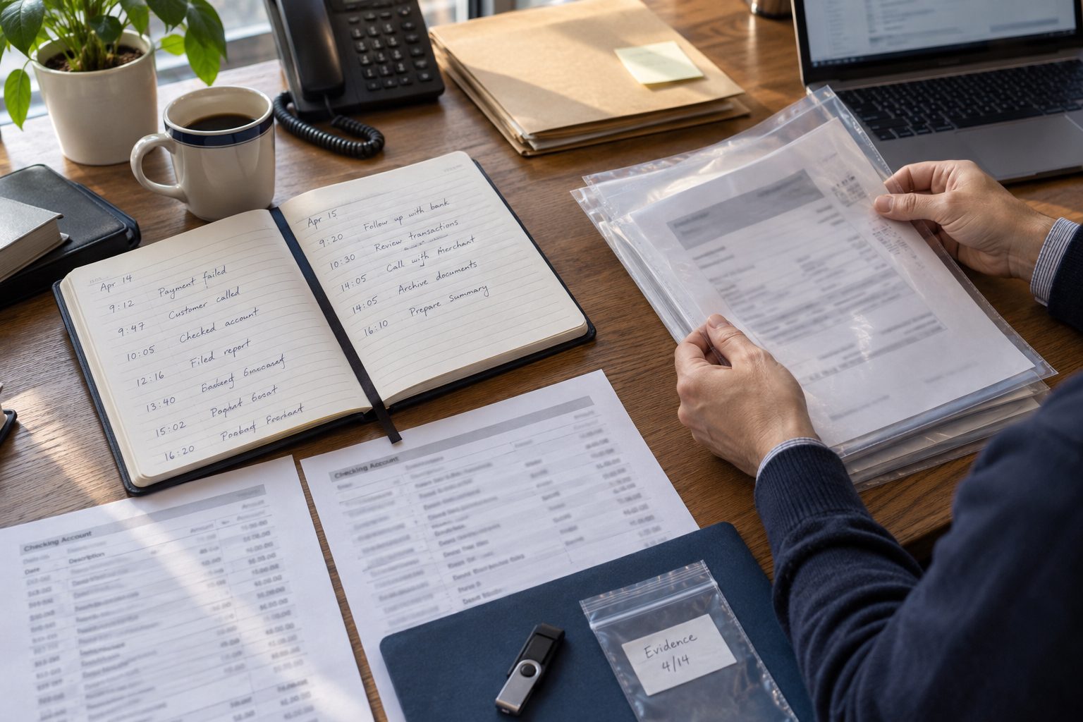 Incident log, phone and organized records for documenting a fraudulent payment response.