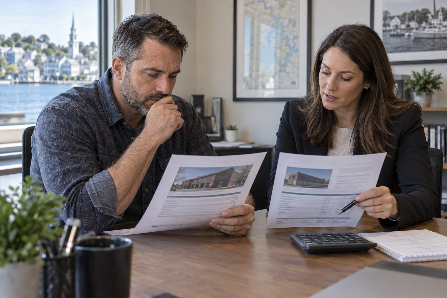 Connecticut business owner and insurance advisor comparing commercial property renewal costs.