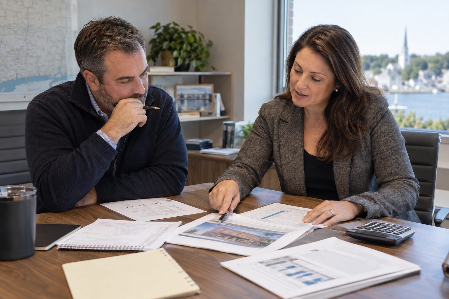 Connecticut business owner and insurance advisor comparing commercial property coverage options.