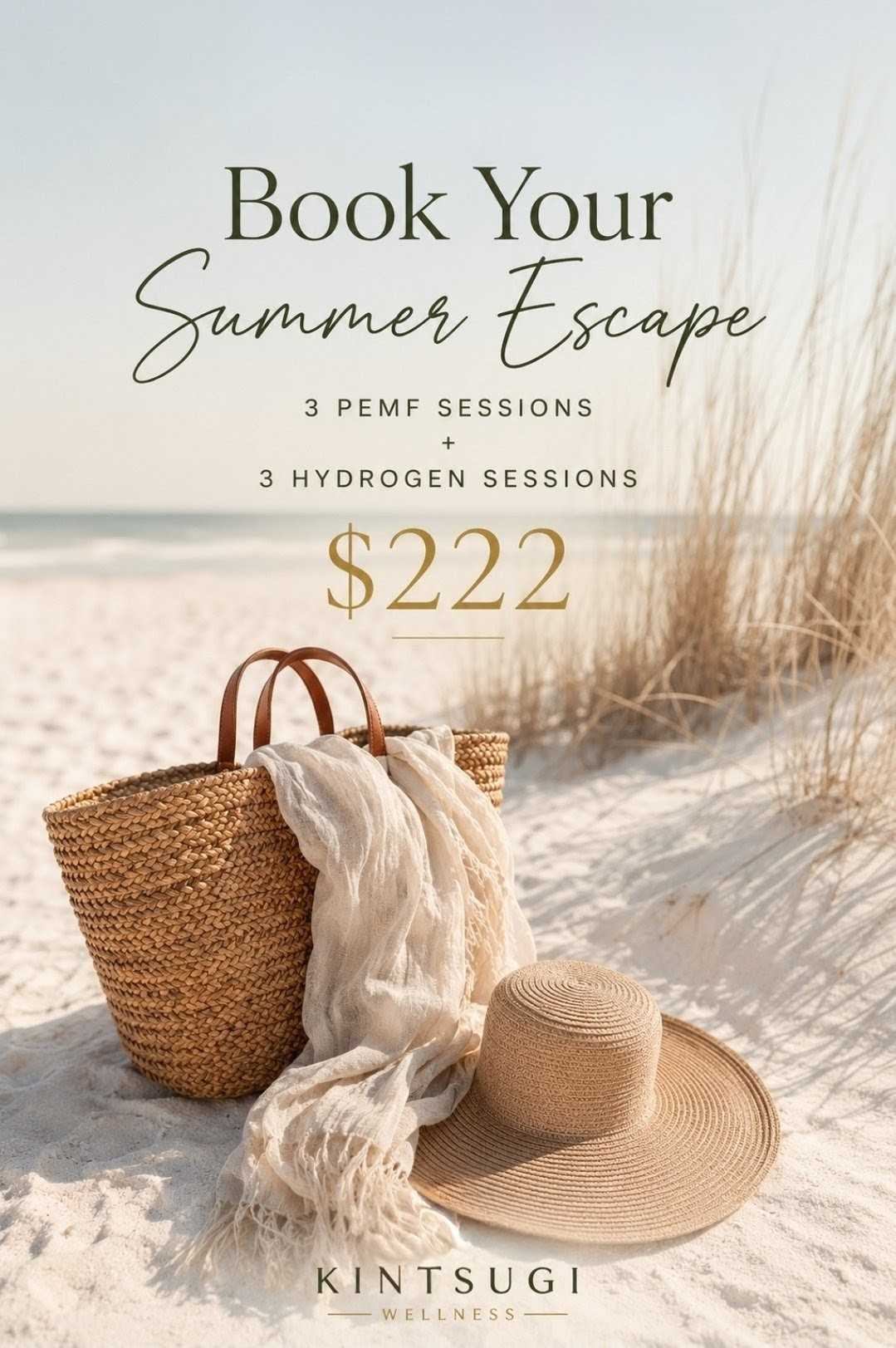 Forfait saisonnier Summer Escape Reset au Kintsugi Wellness avec 3 séances PEMF et 3 séances d'hydrogénothérapie