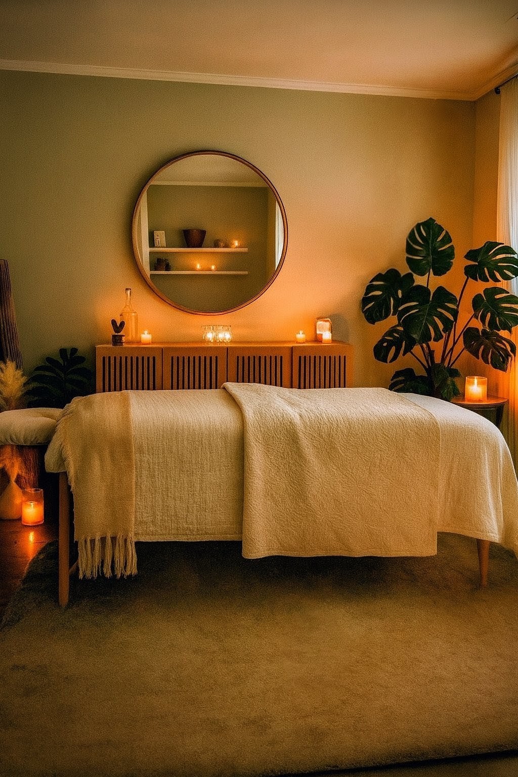 Pratique de Kintsugi Wellness tranquille avec un éclairage chaleureux, des tatamis, du bambou et un jardin de rocaille zen créant un environnement de guérison paisible
