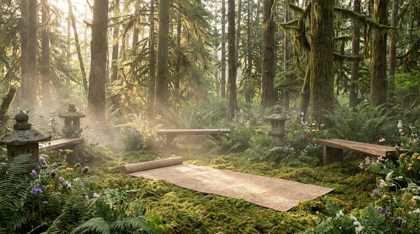Una estera de yoga en un santuario de bosque brumoso: Kintsugi Wellness, Newburyport, MA