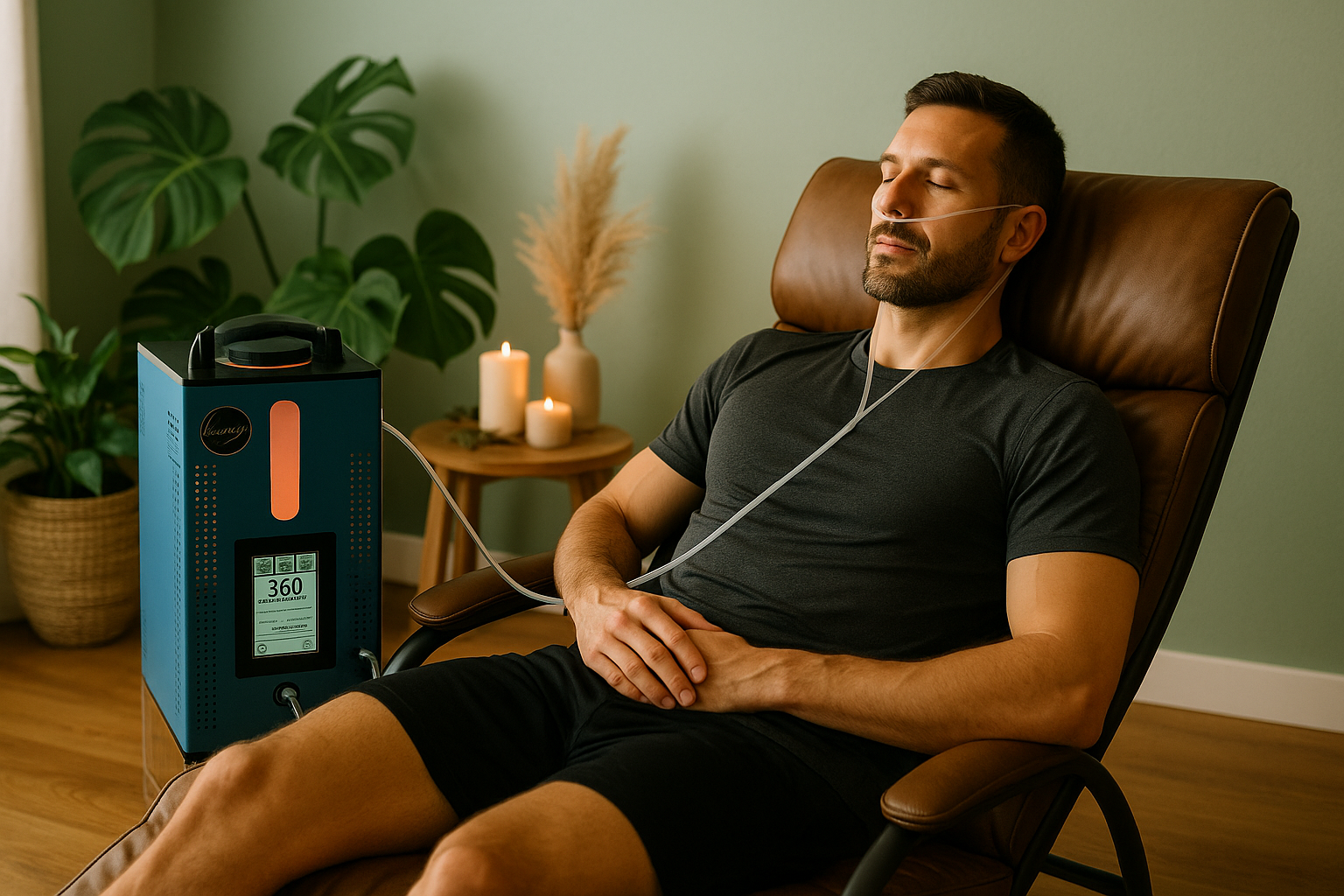 Persona respirando profundamente y sonriendo durante una sesión de terapia de bienestar en un ambiente tranquilo