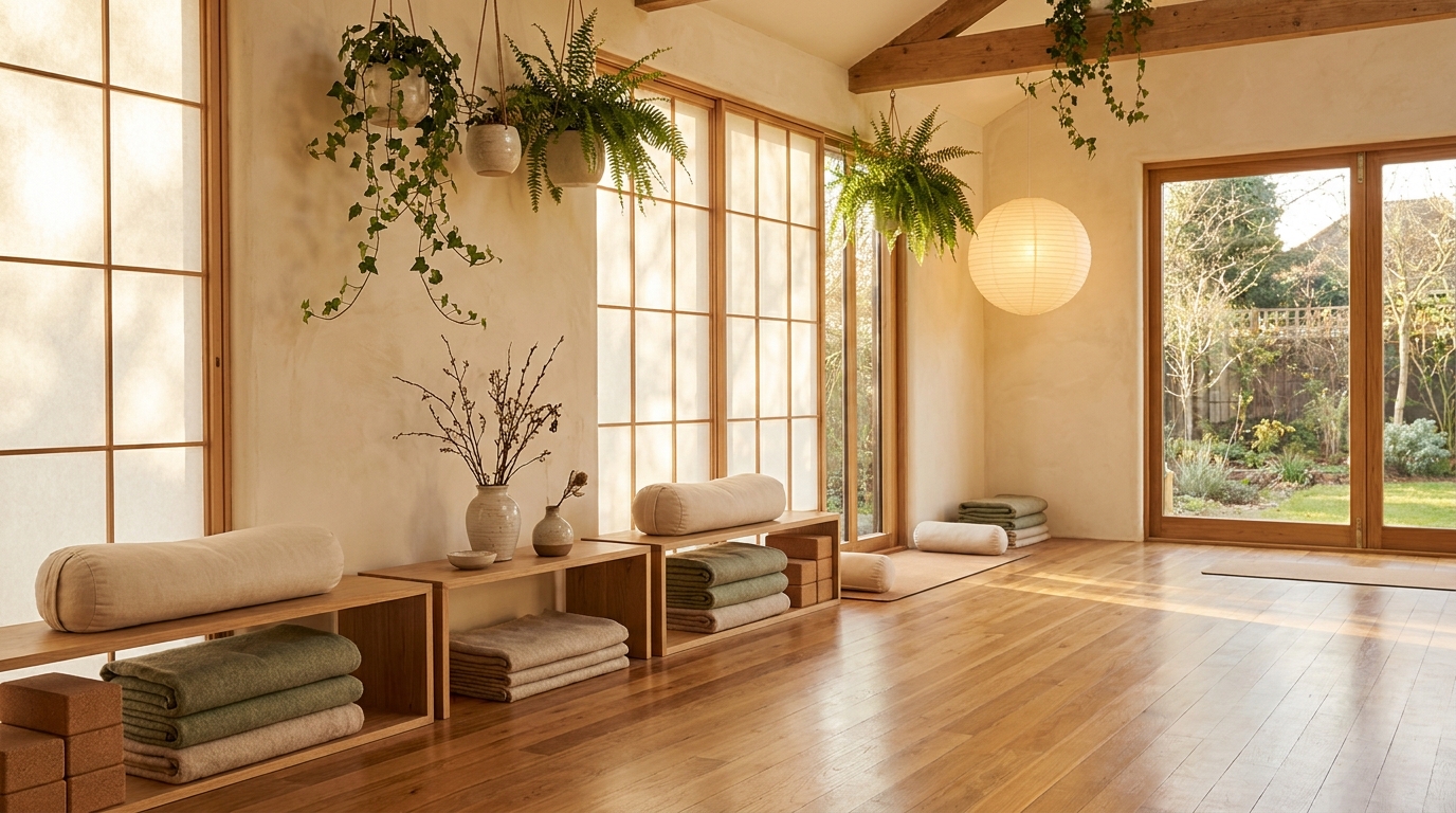 Interior luminoso del estudio de yoga y bienestar en Kintsugi Wellness en Newburyport