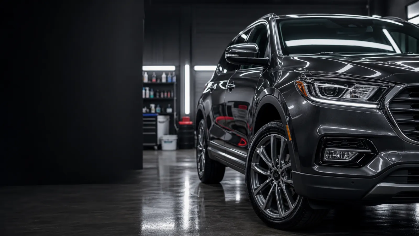 Freshly detailed black SUV in a clean detailing bay for Lourenco Cleaning Services
