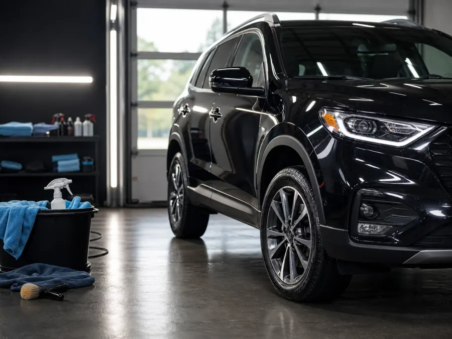 Freshly detailed black SUV with detailing tools in a clean garage bay