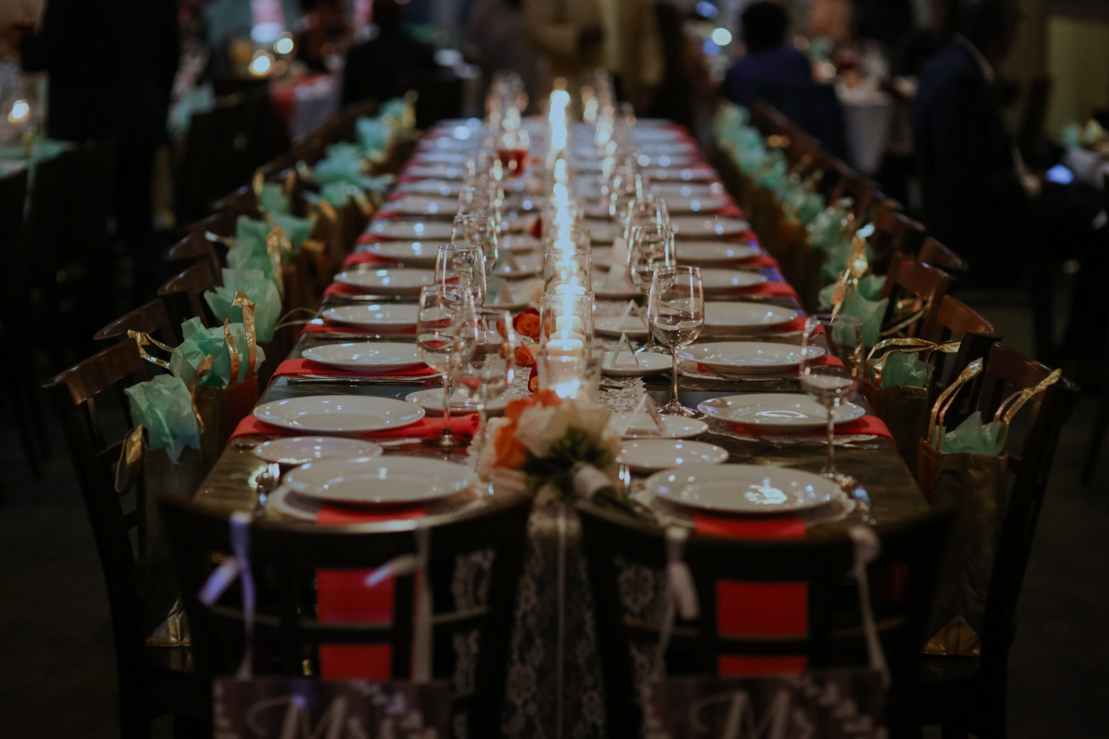 A dramatic ballroom arranged for a formal event