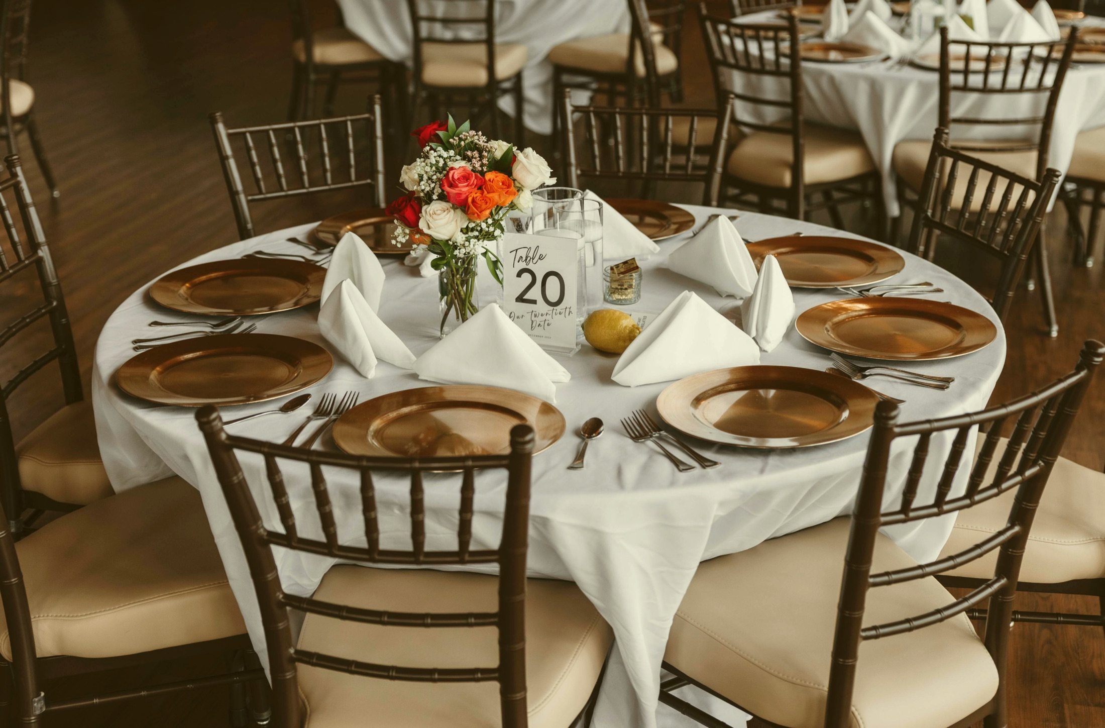 A formal event venue prepared for guests