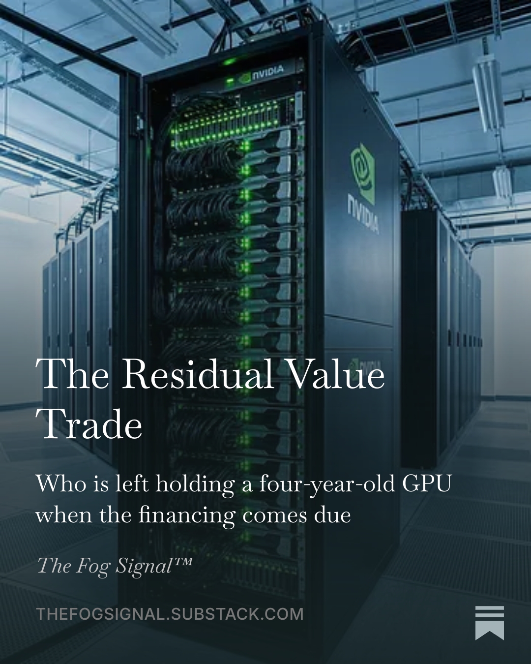 Residual value trade visualization for The Vector, representing AI compute financing, GPU useful life, and infrastructure asset risk.