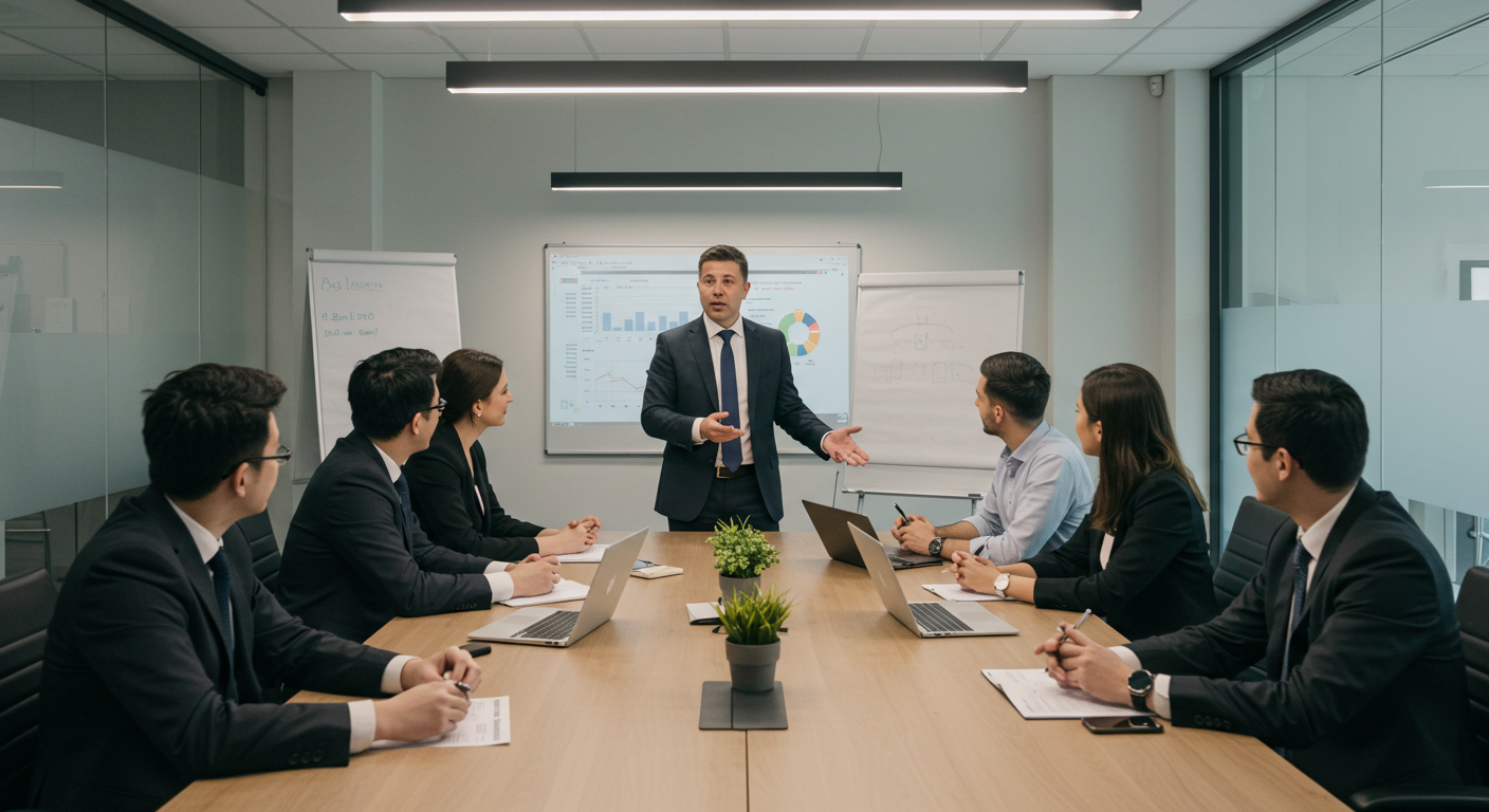 Fractional Chief Revenue Officer role visualization with sales team meeting and revenue pipeline analysis