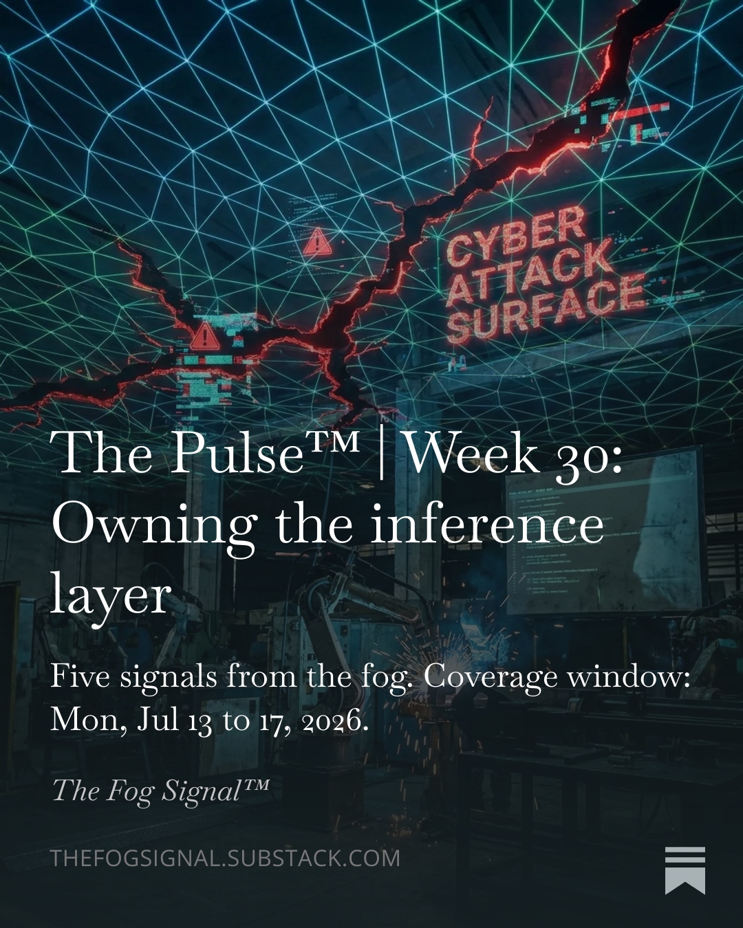 Abstract AI inference layer visualization for The Pulse Week 30, representing edge computing, telecom, industrial AI, and autonomous systems.