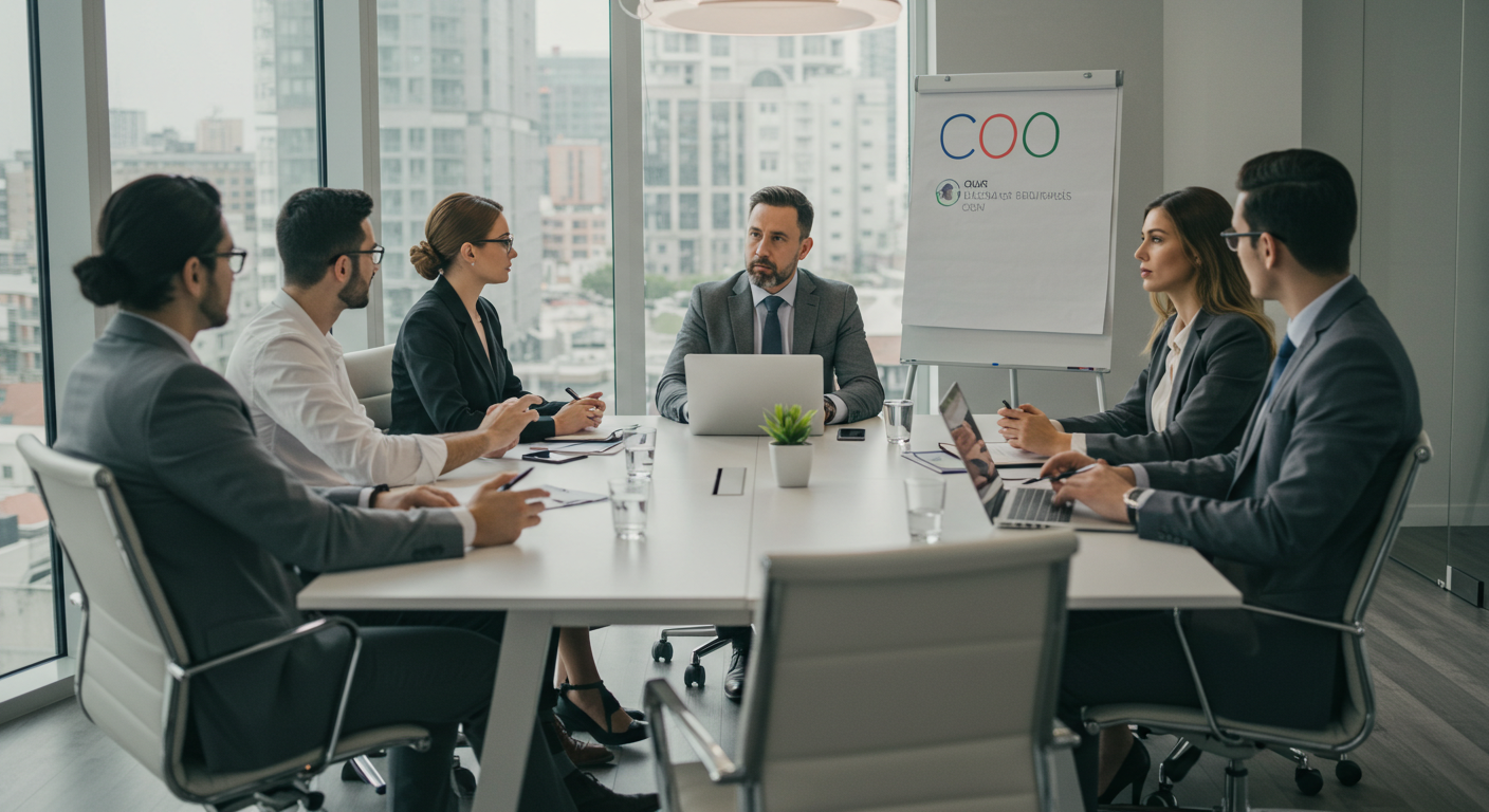 Fractional Chief Operating Officer role visualization with executives in a meeting discussing operational strategy