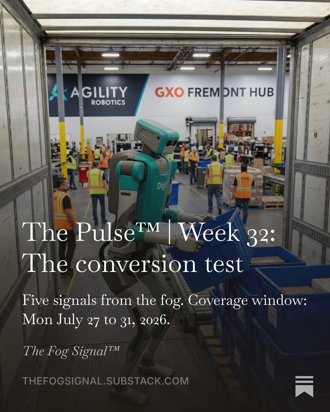 AI infrastructure conversion test visualization for The Pulse Week 32, covering industrial IoT, telecommunications, edge computing, autonomous systems, and artificial intelligence.