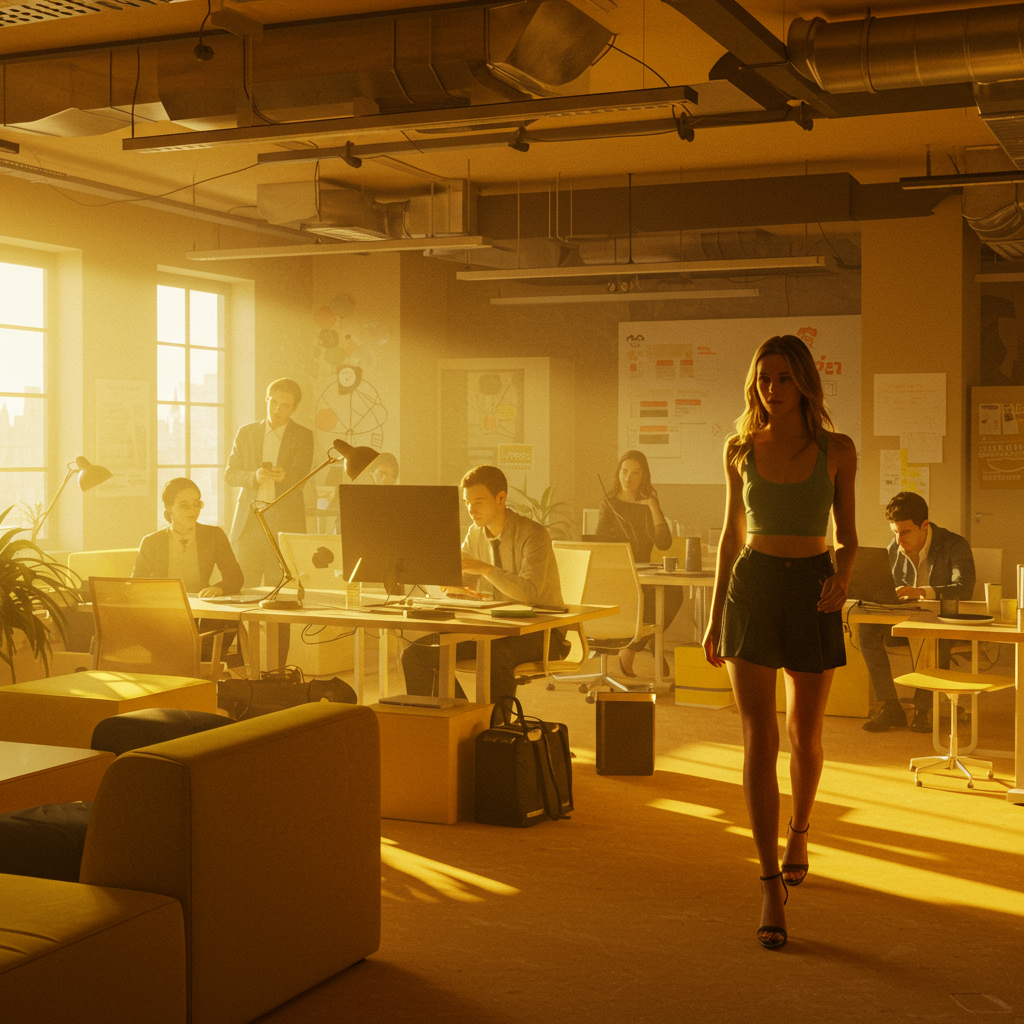 Creative coworking space for influencers with open layout, sleek furniture, tech gadgets, and warm yellow tones showing a bustling collaborative environment