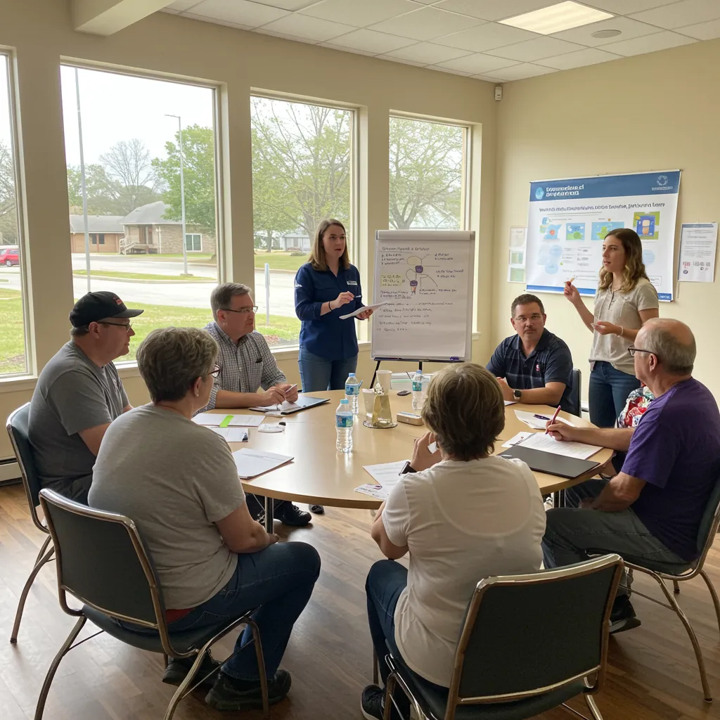 Community meeting with residents and broadband project leaders discussing connectivity benefits