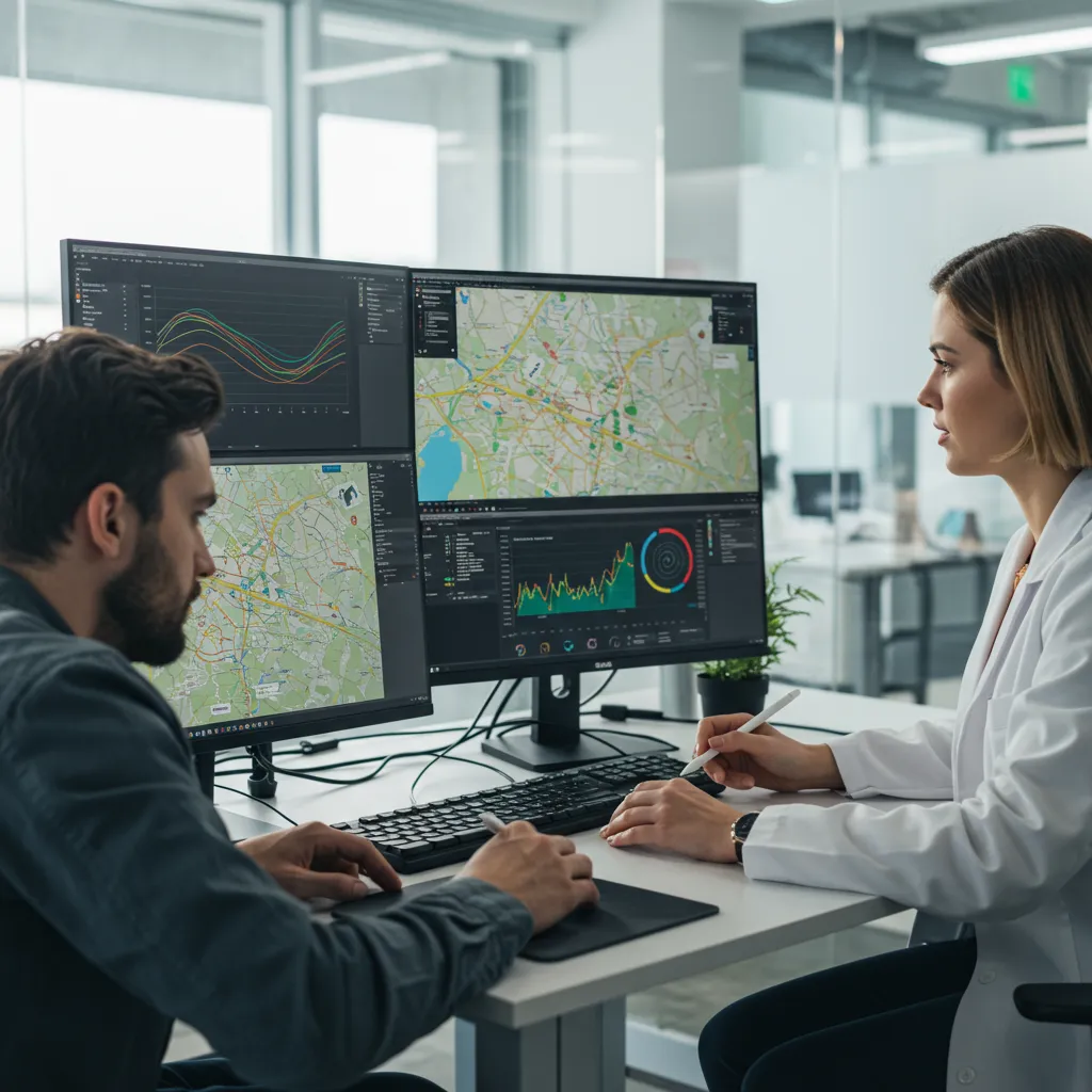 Engineers using GIS software and data visualizations to plan broadband network infrastructure