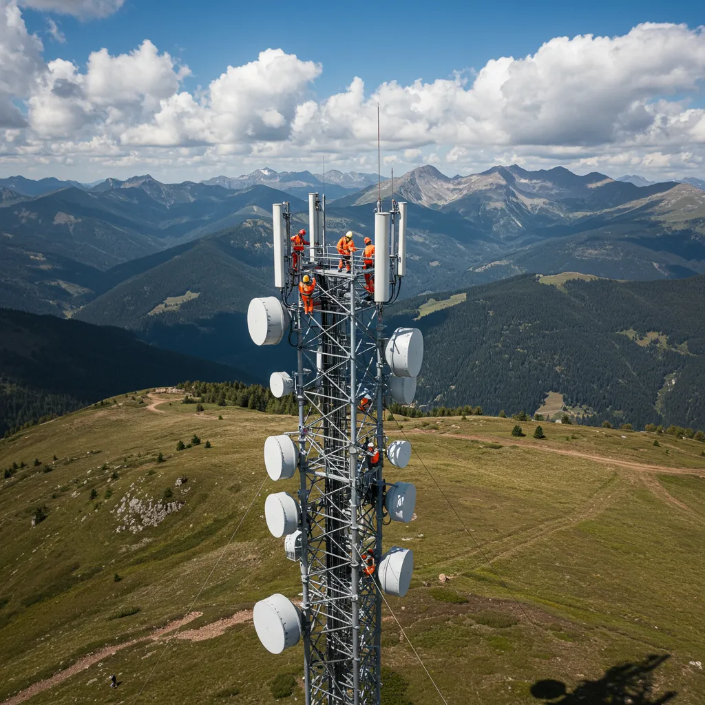 Vertical infrastructure development with workers installing wireless antennas on tower