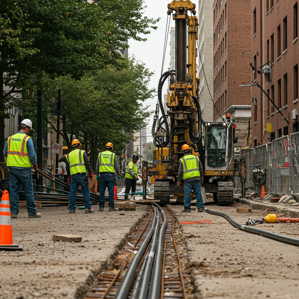 Fiber optic construction site with directional drilling and infrastructure workers