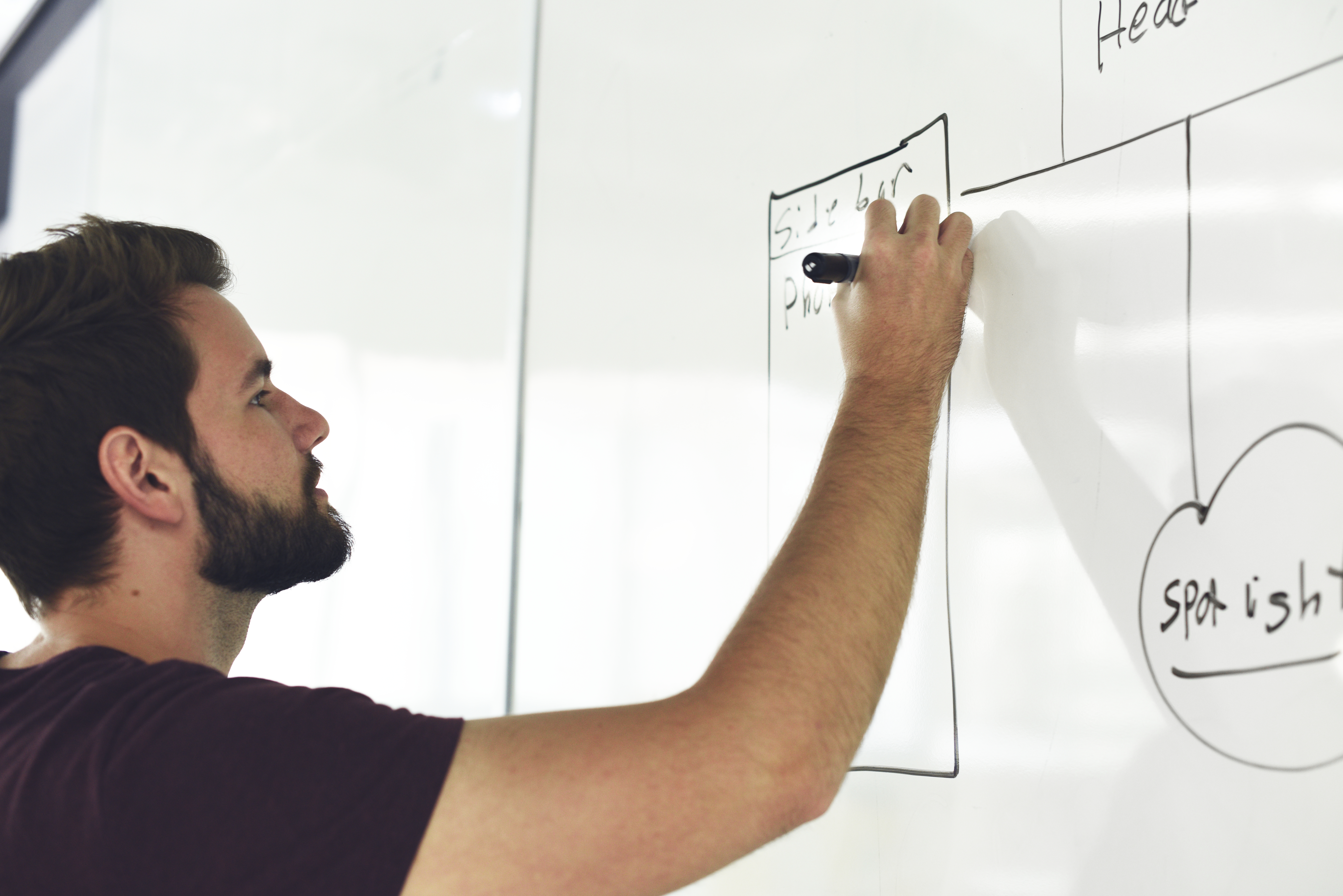 Professional presenting sales strategy on whiteboard