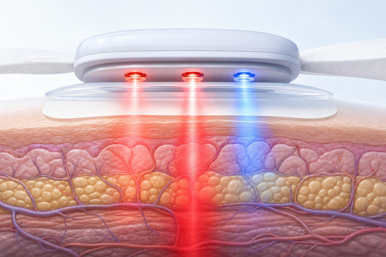 Triple wavelength LED therapy beams passing through a clear dressing into soft tissue